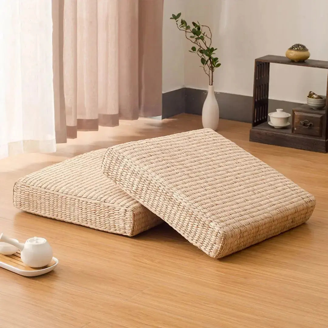 Tatami cuadrado cojín japonés Mokiro en paja trenzada rectilínea con borde textil Ropa Japonesa