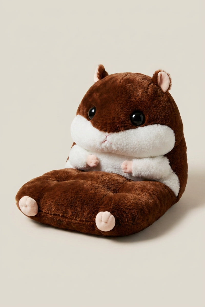 Cojín japonés 'Hamusuta' pelaje marrón chocolate y vientre blanco — sillón de suelo infantil de peluche con forma de hámster, respaldo cabeza y asiento patas