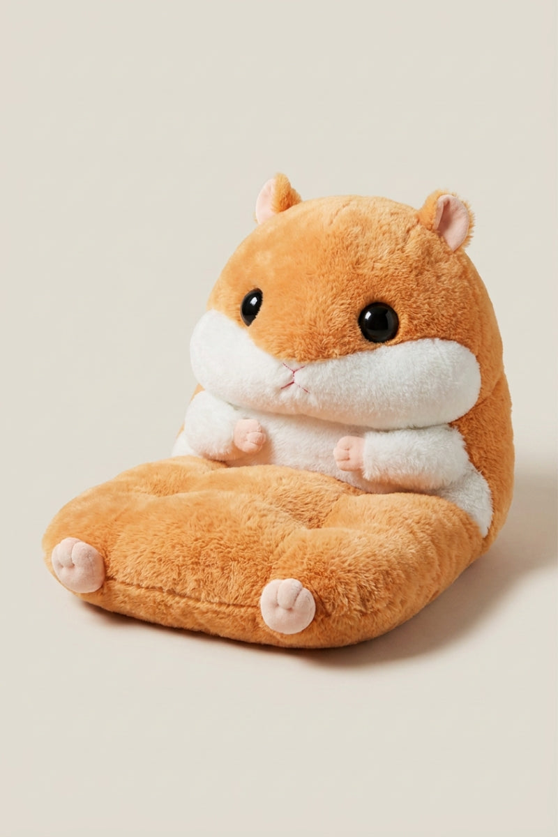 Cojín japonés 'Hamusuta' pelaje anaranjado y vientre blanco — sillón de suelo infantil de peluche con forma de hámster, respaldo cabeza y asiento patas