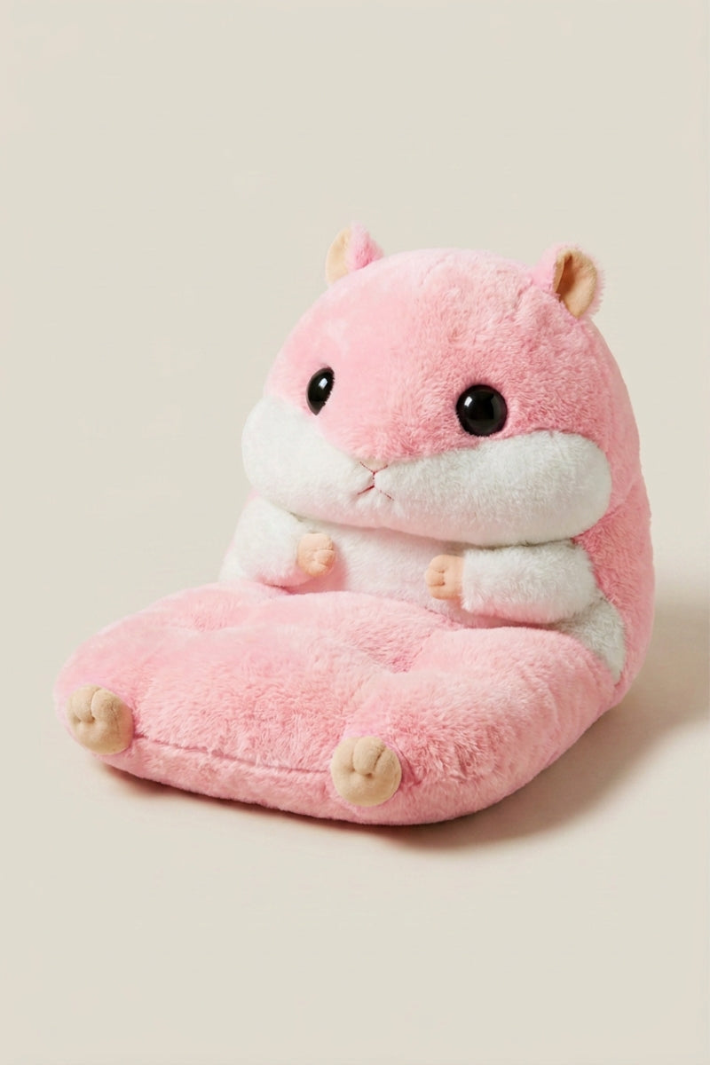 Cojín japonés 'Hamusuta' pelaje rosa pálido y vientre blanco — sillón de suelo infantil de peluche con forma de hámster, respaldo cabeza y asiento patas