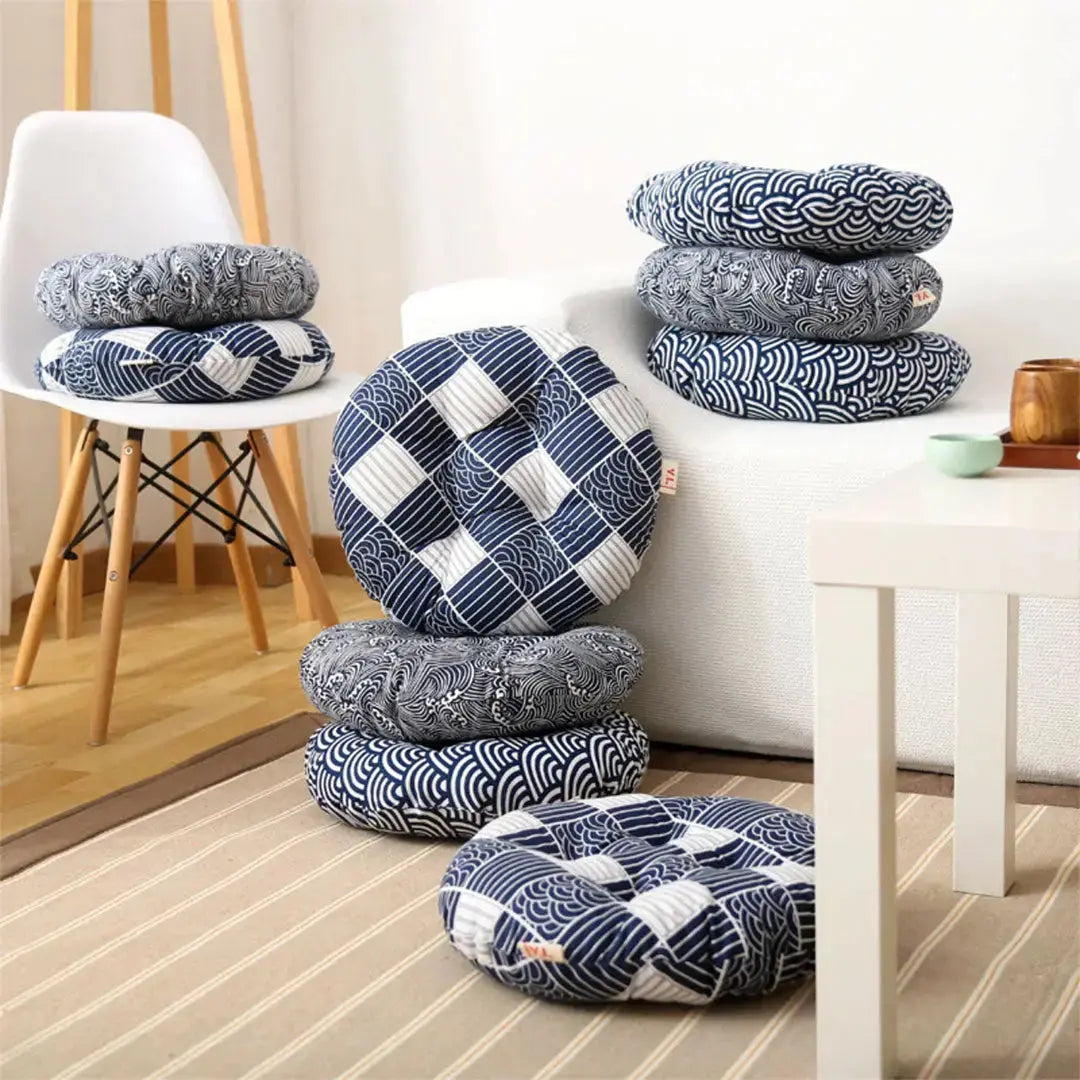 Cojín tradicional japonés Tsumigo zabuton abombado con motivos textiles marino estampados Ropa Japonesa