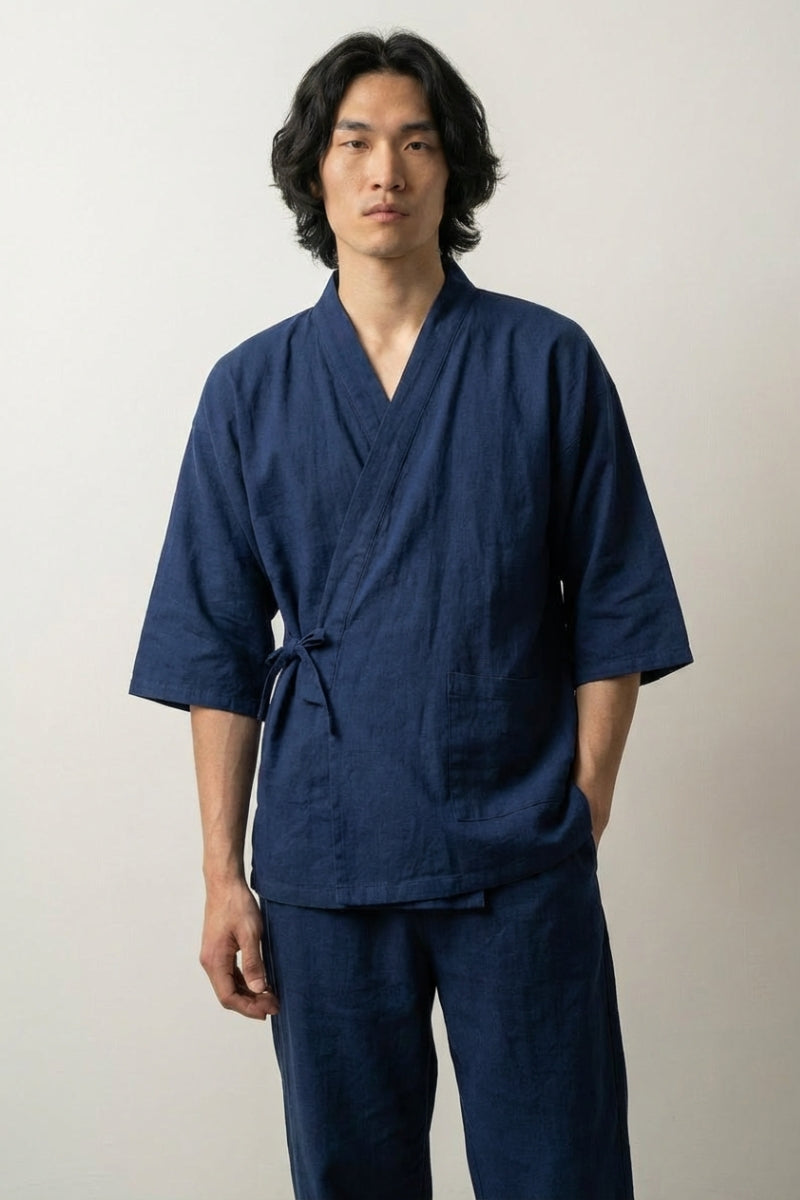 Conjunto jinbei japonés Seikon lino azul marino kon corte depurado cruzado delante mangas tres cuartos pantalón tobillo estilo streetwear japonés Ropa Japonesa