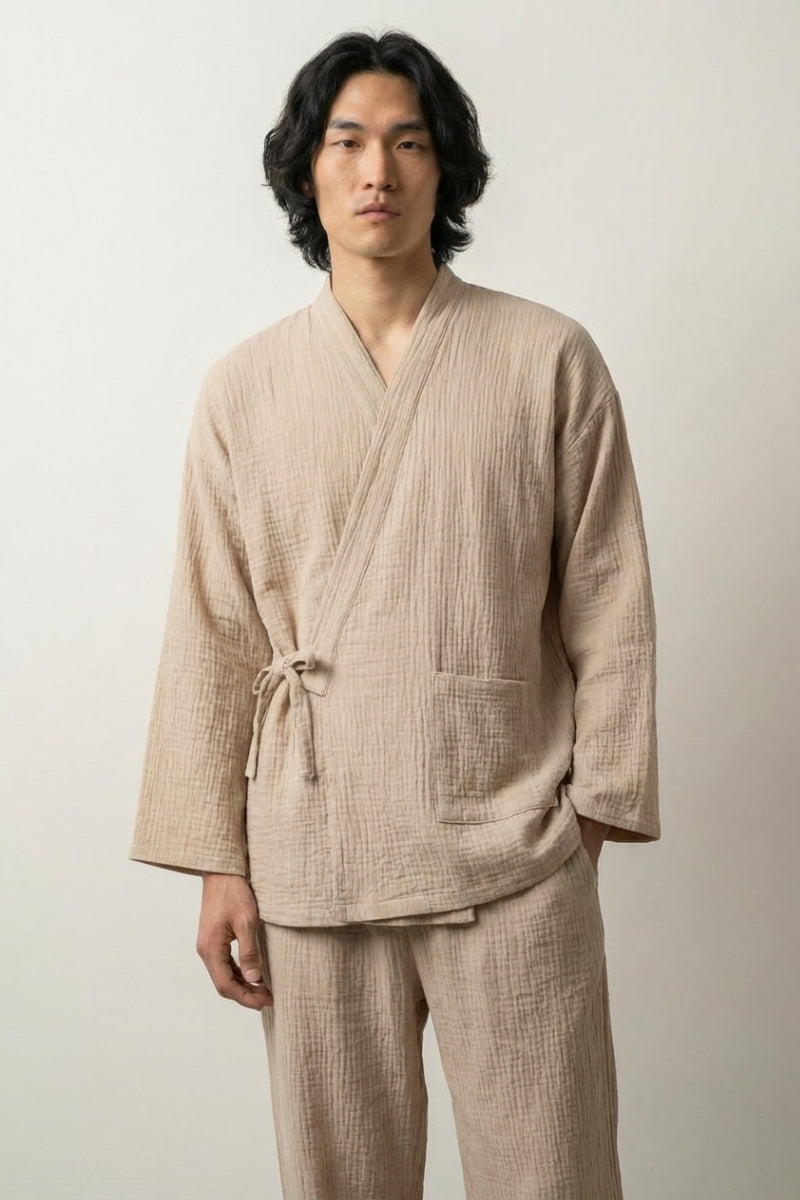 Conjunto pijama japonés Kinuho blanco kinari gasa algodón corte samue cruzado delante mangas tres cuartos pantalón tobillo estilo streetwear japonés Ropa Japonesa