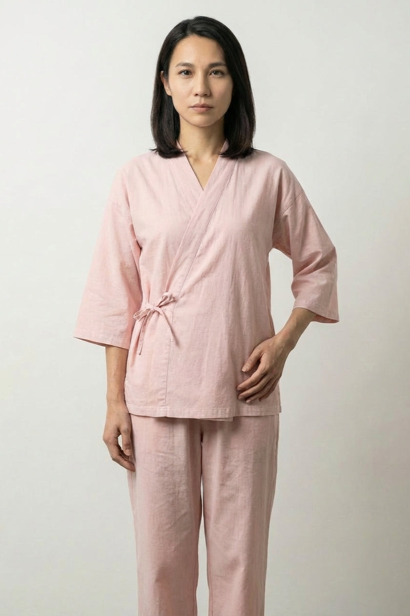 Conjunto pijama japonés rosa Sakuyu algodón corte samue cruzado cuello V mangas tres cuartos pantalón recto Ropa Japonesa