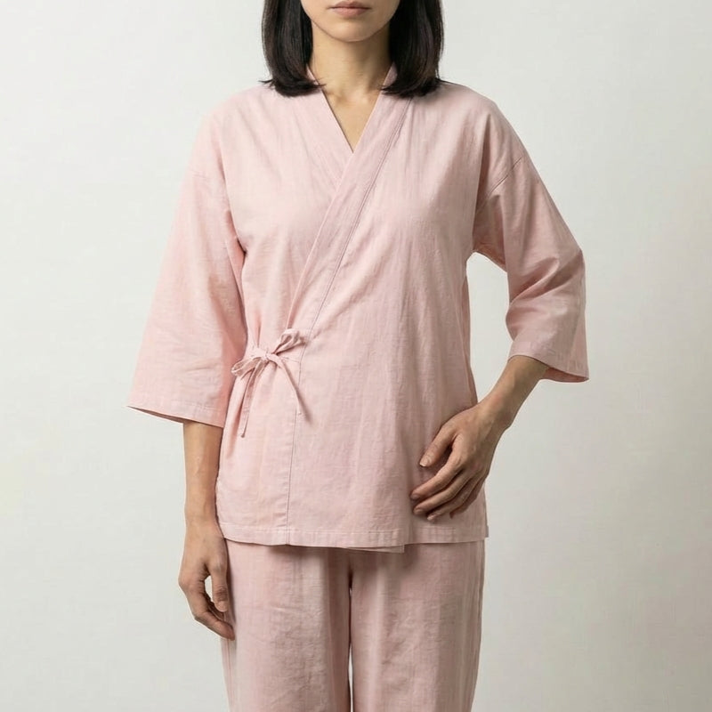 Conjunto pijama japonés rosa Sakuyu algodón corte samue cruzado cuello V mangas tres cuartos pantalón recto Ropa Japonesa