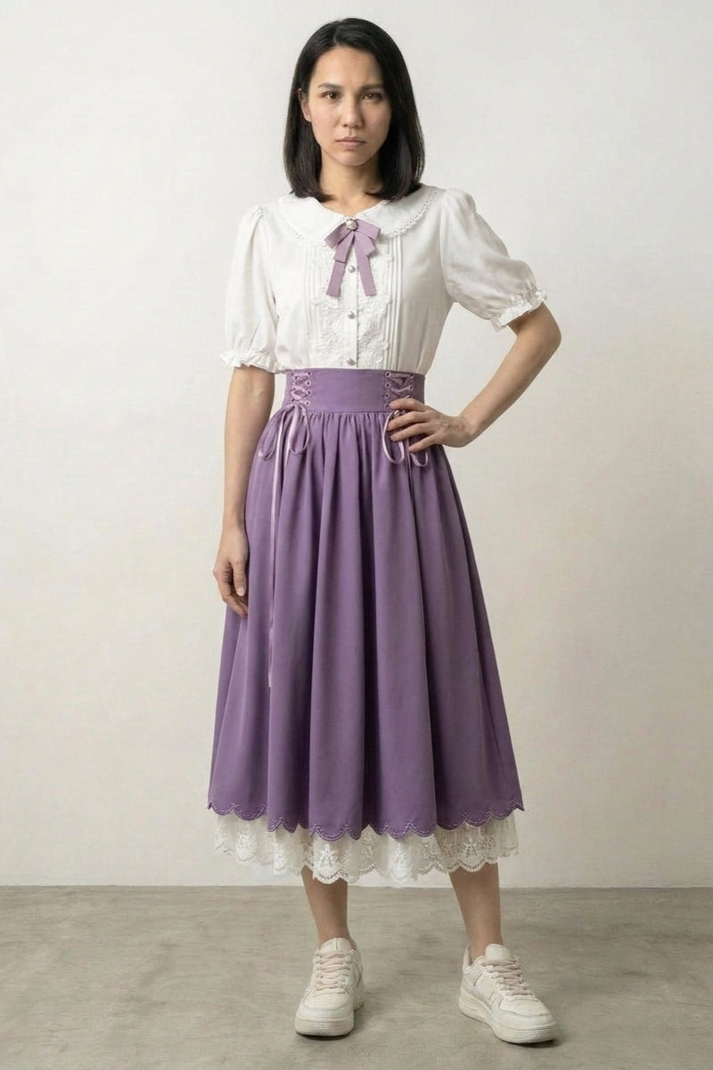 Conjunto vestido japonés lavanda Sumireha cuello bebé encaje top crema lazo malva falda fujiiro corsé cordones talle alto bajo festoneado Ropa Japonesa