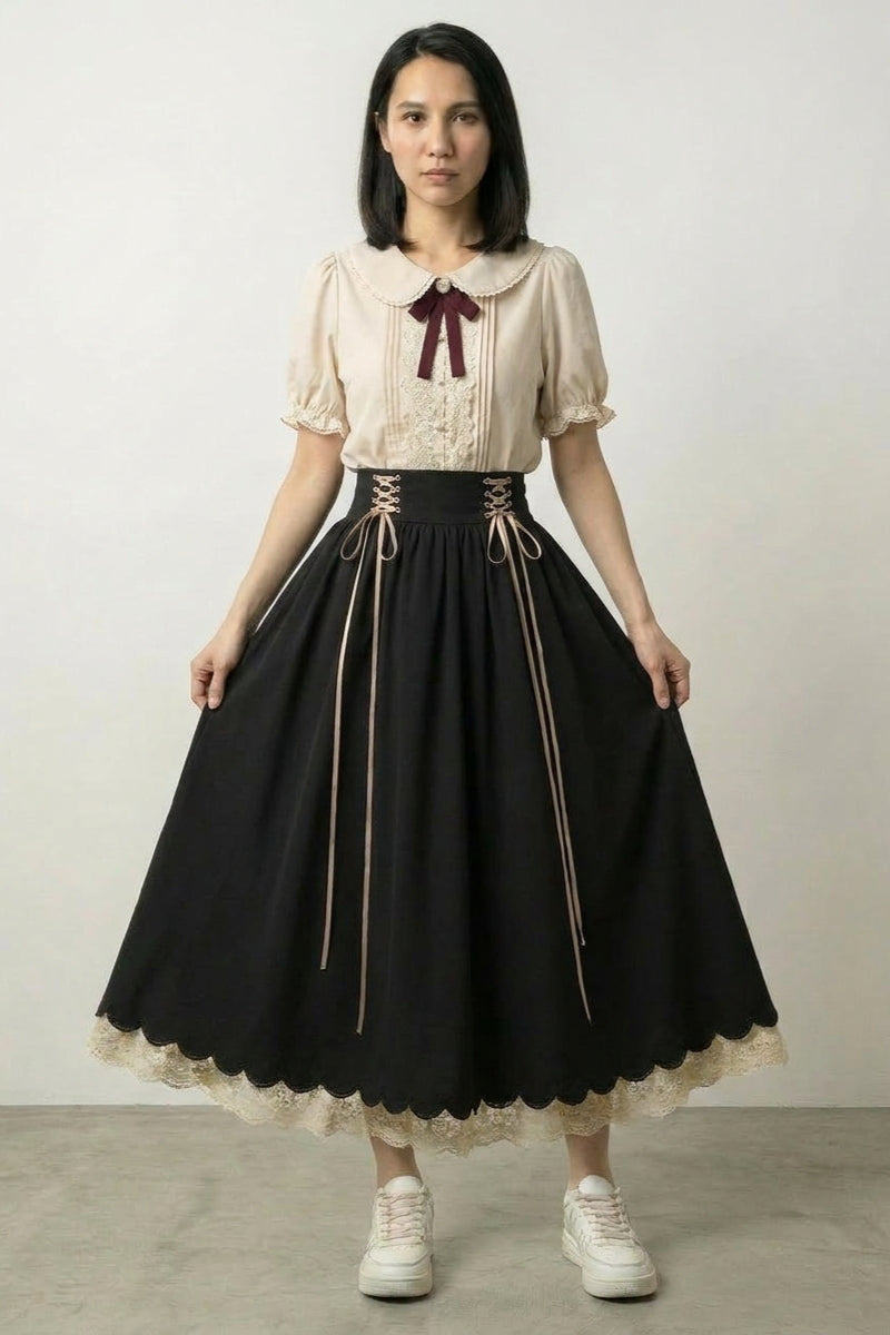 Conjunto vestido japonés negro formal Sumiyoru top cuello bebé crema encaje falda corsé negro cordones talle alto Ropa Japonesa
