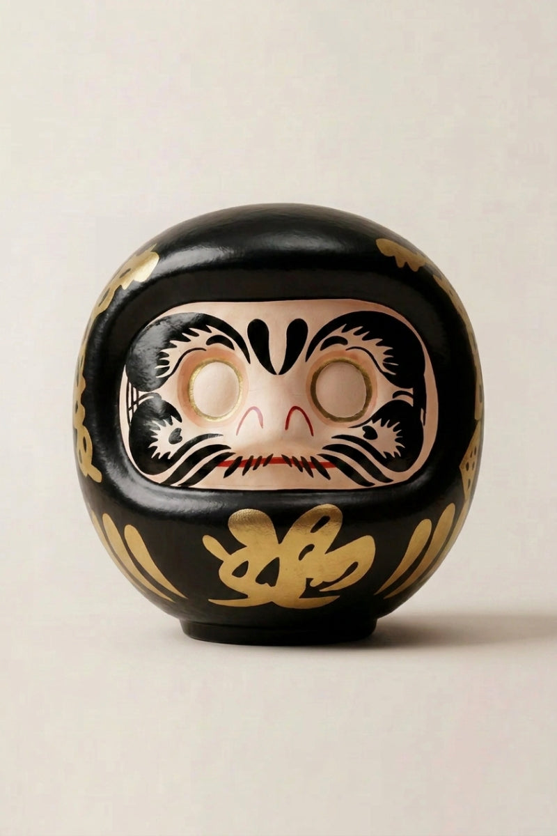 Daruma negro de cerámica sobre fondo beige — figura redonda de 11 cm con el kanji 黒, ojos en blanco para el rito del deseo