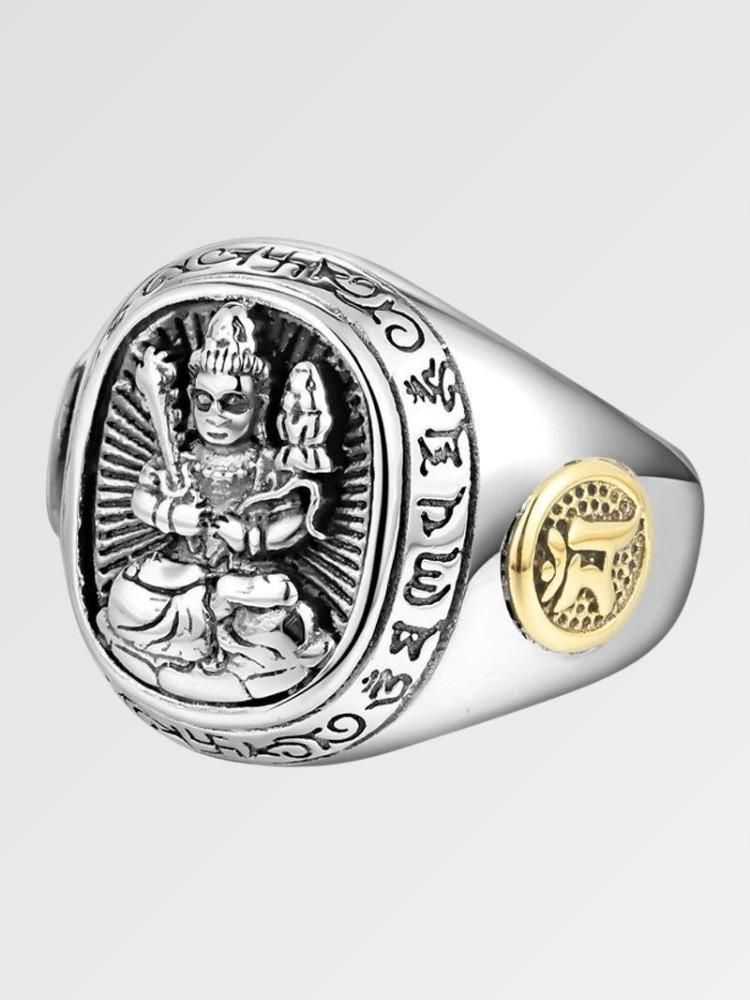 Anillo japonés de los dioses Aiko con Fudō Myōō y mantra siddhaṃ sobre plata Ropa Japonesa