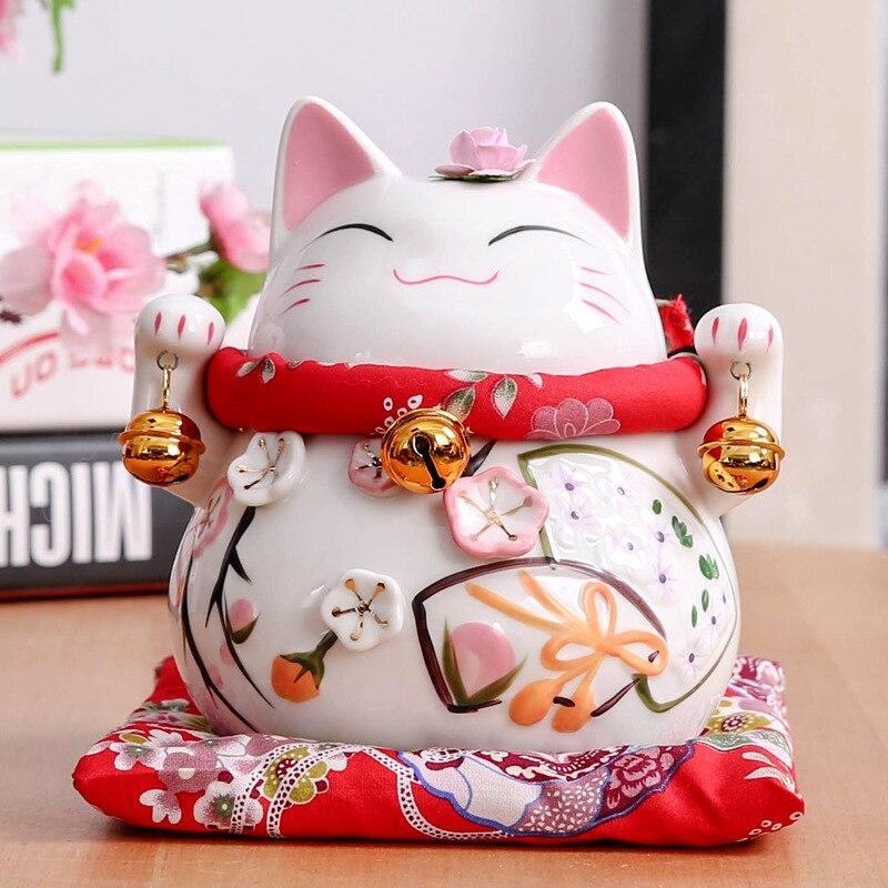 Hucha maneki-neko Okami con abanico y rollo caligrafiado de porcelana pintada a mano Ropa Japonesa