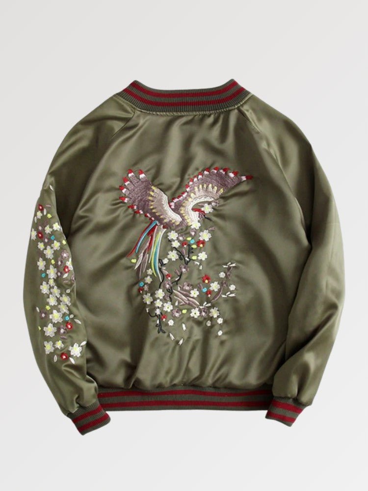 elegante chaqueta bomber bordada para mujer de estilo japonés