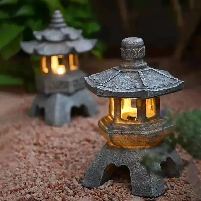 Farol japonés de exterior Kaizu de piedra patinada con módulo LED potente Ropa Japonesa
