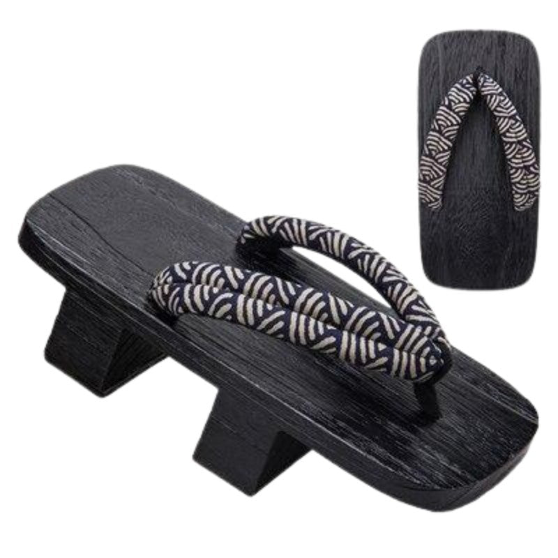 Geta japonesa Shinshiro con hanao seigaiha sobre madera negra yakisugi Ropa Japonesa