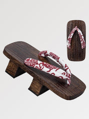 Geta japonesa Shakori con hanao burdeos sobre blanco y madera marrón Ropa Japonesa