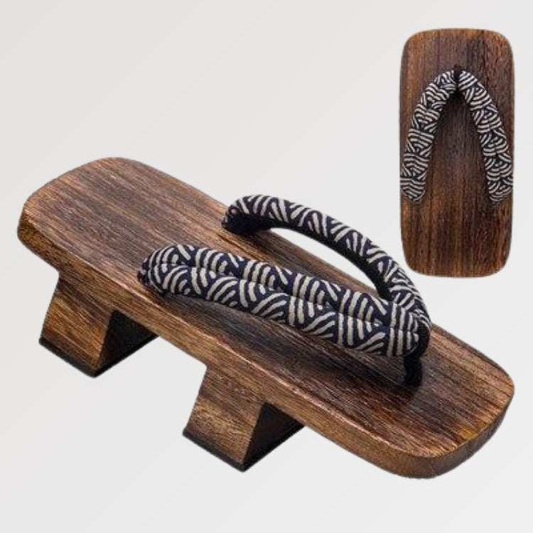 Geta japonesa Seigaiha con hanao de motivo olas azules sobre madera marrón Ropa Japonesa