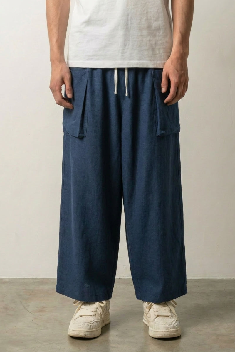 Pantalón hakama ancho hombre azul marino algodón lino estilo japonés - Ropa Japonesa