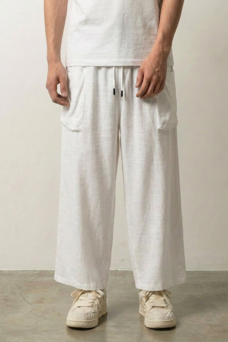 Pantalón hakama ancho hombre blanco algodón lino corte amplio japonés - Ropa Japonesa