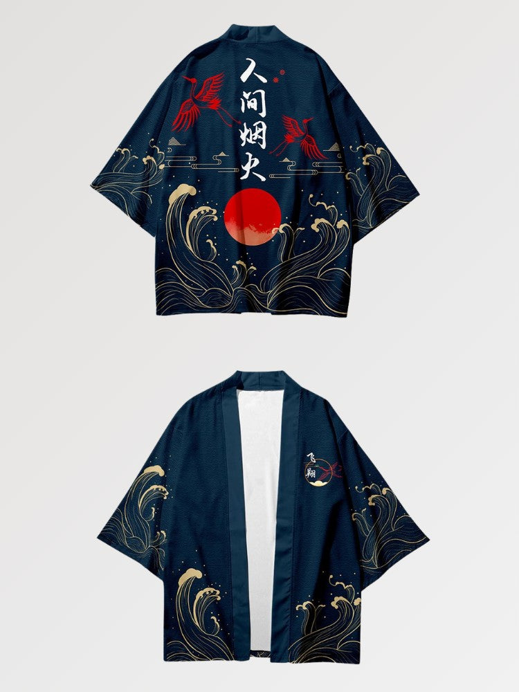 La chaqueta haori para hombre está estampada con una escritura japonesa en un color sobrio