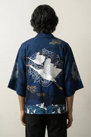 Haori Tsuru grullas azul marino chaqueta kimono japonesa detalle motivo espalda