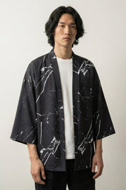 Kimono de hombre Edición Kaito con motivo de mármol salpicaduras de tinta blanco sobre negro abstracto sumi-e de algodón corte haori mangas tres cuartos streetwear japonés Ropa Japonesa