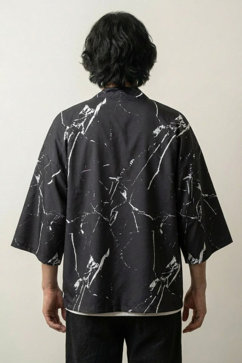 Kimono de hombre Edición Kaito vista trasera con motivo de mármol salpicaduras de tinta blanco negro sumi-e de algodón mangas tres cuartos streetwear japonés Ropa Japonesa