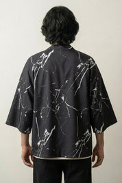 Kimono de hombre Edición Kaito vista trasera con motivo de mármol salpicaduras de tinta blanco negro sumi-e de algodón mangas tres cuartos streetwear japonés Ropa Japonesa