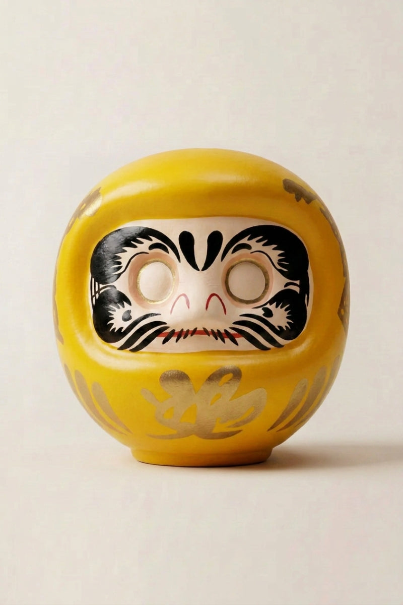 Daruma dorado de cerámica sobre fondo beige — figura redonda de 11 cm con el kanji 福, ojos en blanco para el rito del deseo