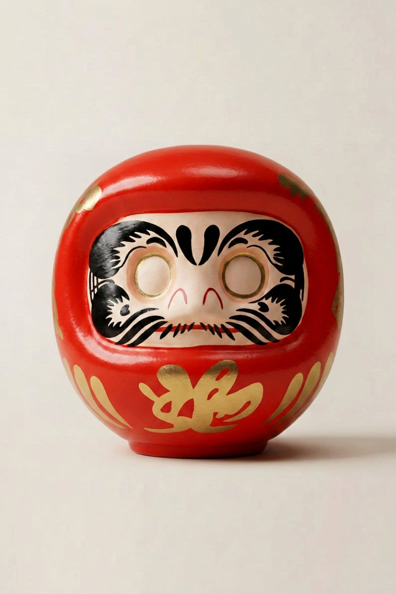 Daruma rojo de cerámica sobre fondo beige — figura redonda de 11 cm con el kanji 勝, ojos en blanco para el rito del deseo