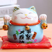 Hucha maneki-neko Azul cian con caligrafía dorada de éxito de porcelana pintada a mano Ropa Japonesa