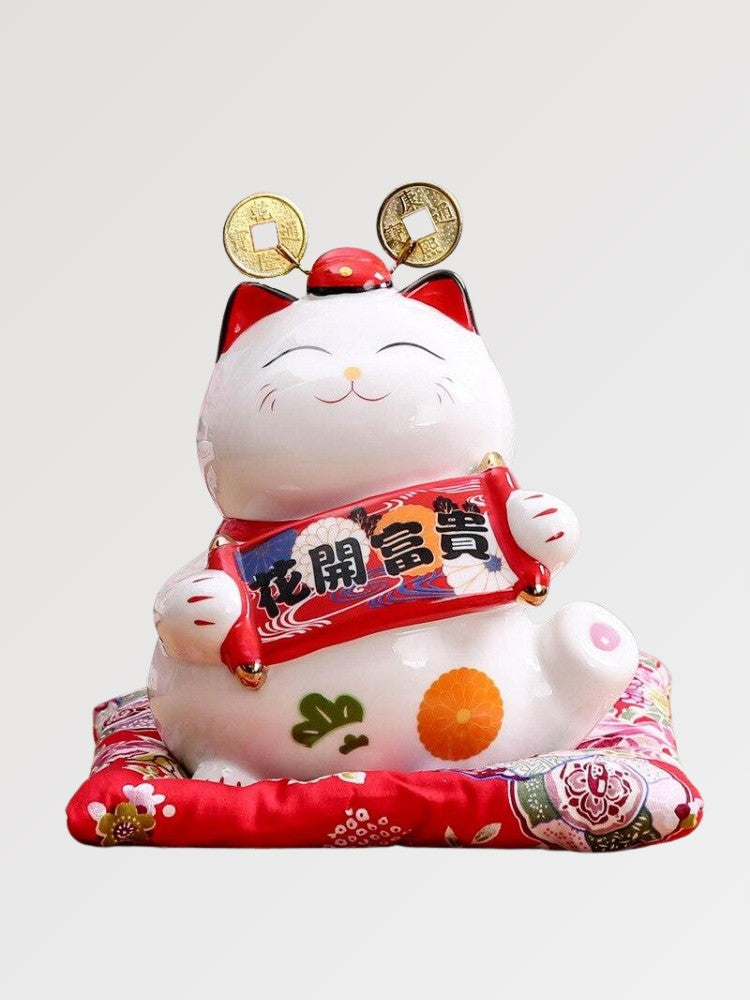 Hucha maneki-neko Cinta Okami con cartel-regalo en pergamino enrollado de porcelana pintada a mano Ropa Japonesa