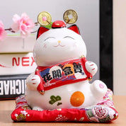 Hucha maneki-neko Cinta Okami con cartel-regalo en pergamino enrollado de porcelana pintada a mano Ropa Japonesa