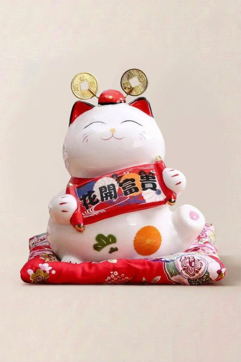 Hucha maneki neko 'Okami Ribbon' de cerámica — gato blanco con un rollo y una bolsa, lazo rojo al cuello y monedas doradas, sobre un cojín rojo