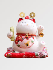 Hucha maneki-neko Gato hambriento en postura de apetito de porcelana pintada a mano Ropa Japonesa