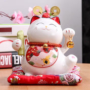 Hucha maneki-neko Gato hambriento en postura de apetito de porcelana pintada a mano Ropa Japonesa