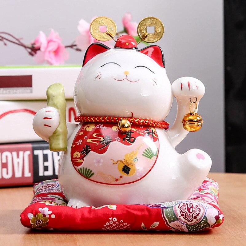 Hucha maneki-neko Gato hambriento en postura de apetito de porcelana pintada a mano Ropa Japonesa