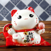 Hucha maneki-neko Love blanco con perla rosa y collar sakura de porcelana pintada a mano Ropa Japonesa