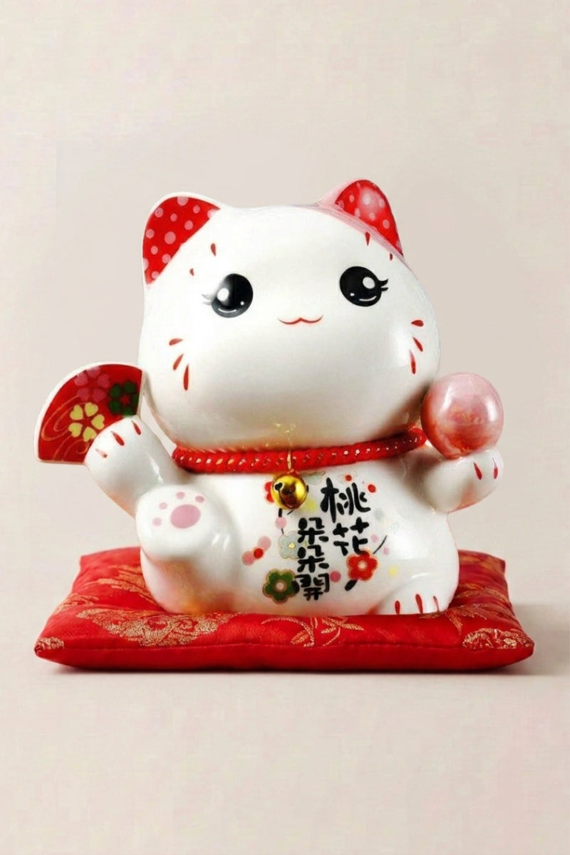 Hucha maneki neko 'Love' de cerámica — gato blanco con motivos florales sosteniendo una placa roja y pata derecha alzada, sobre un cojín rojo