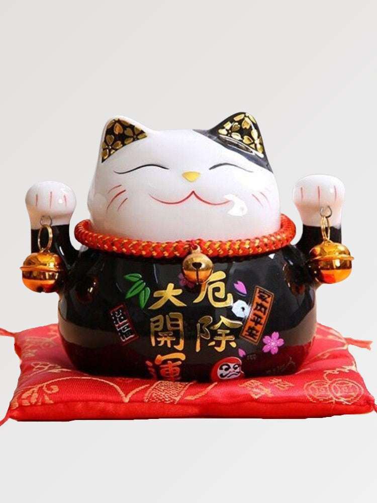 Hucha maneki-neko Negro con caligrafía dorada de protección de porcelana esmaltada Ropa Japonesa