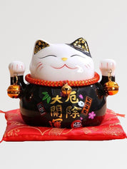 Hucha maneki-neko Negro con caligrafía dorada de protección de porcelana esmaltada Ropa Japonesa