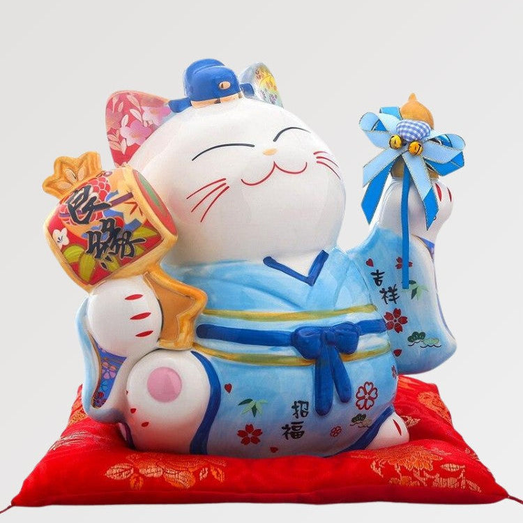 Hucha maneki-neko para hombre samurái en kimono azul de porcelana pintada a mano Ropa Japonesa