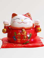 Hucha maneki-neko Rojo bermellón con caligrafía dorada de salud de porcelana pintada a mano Ropa Japonesa