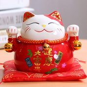 Hucha maneki-neko Rojo bermellón con caligrafía dorada de salud de porcelana pintada a mano Ropa Japonesa