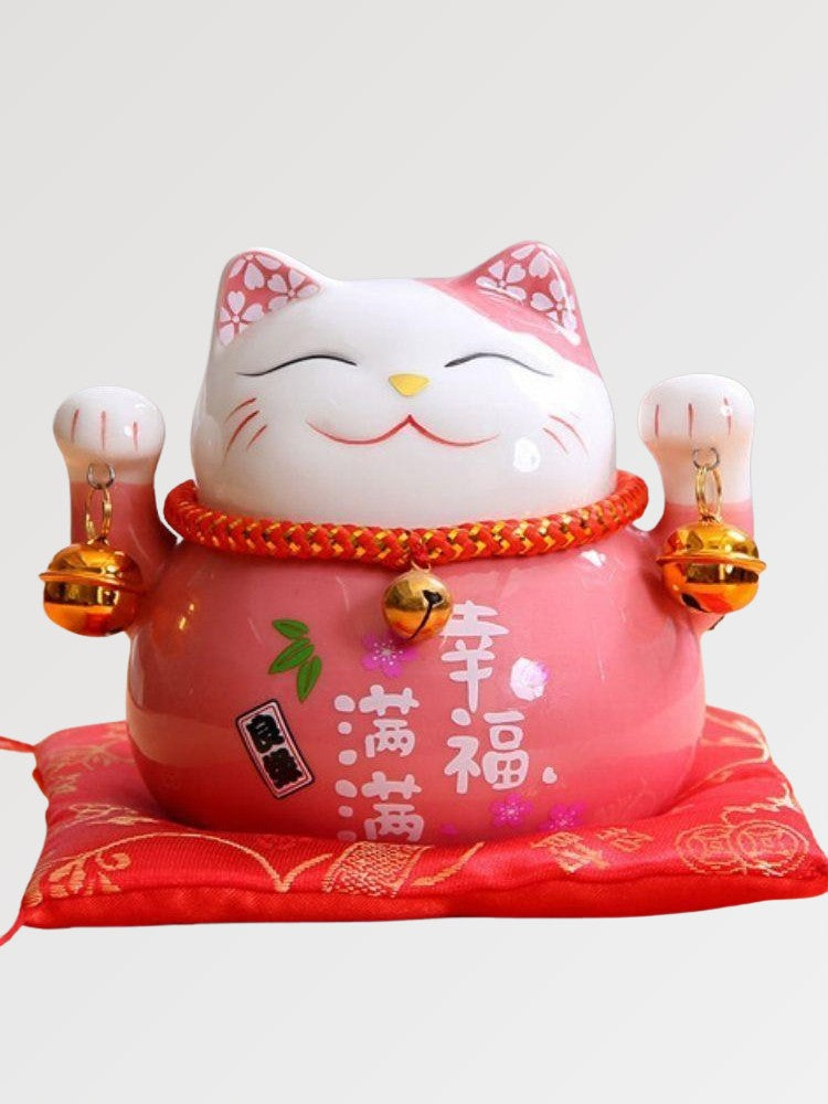 Hucha maneki-neko Rosa con caligrafía dorada de felicidad de porcelana pintada a mano Ropa Japonesa