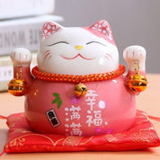 Hucha maneki-neko Rosa con caligrafía dorada de felicidad de porcelana pintada a mano Ropa Japonesa