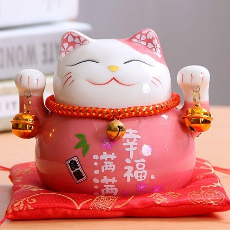 Hucha maneki-neko Rosa con caligrafía dorada de felicidad de porcelana pintada a mano Ropa Japonesa