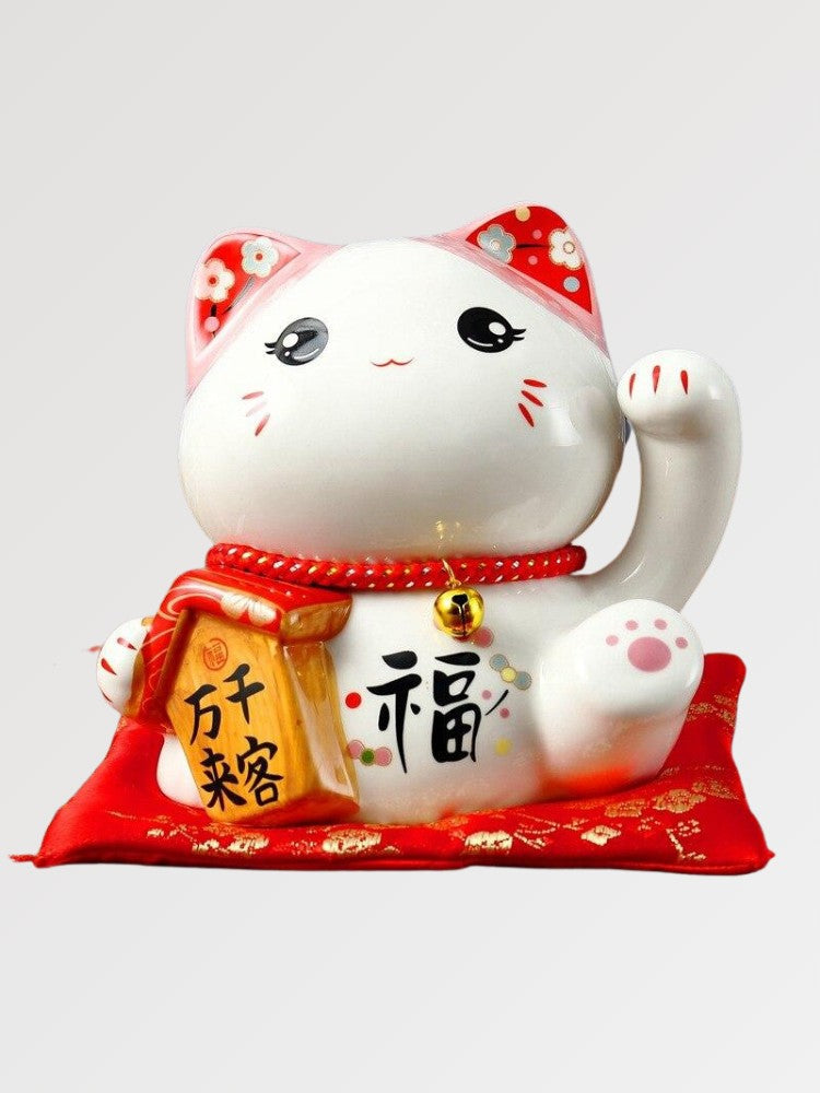Hucha maneki-neko Salud con cartel caligrafiado y banda roja de porcelana pintada a mano Ropa Japonesa