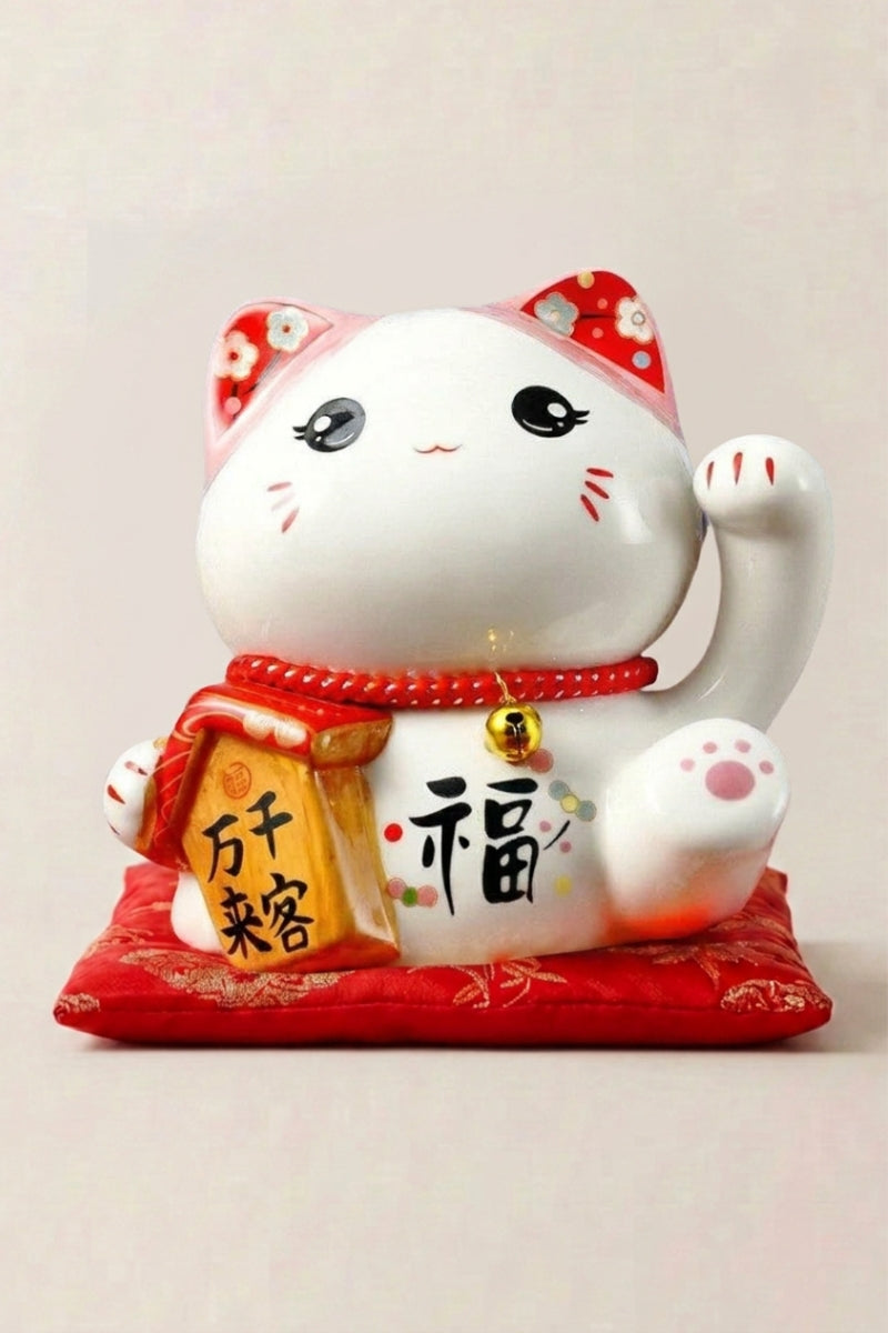 Hucha maneki neko 'Health' de cerámica — gato blanco con una placa roja con el carácter de la suerte y collar con cascabel, sobre un cojín rojo