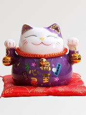 Hucha maneki-neko Violeta imperial con caligrafía dorada espiritual de porcelana pintada a mano Ropa Japonesa