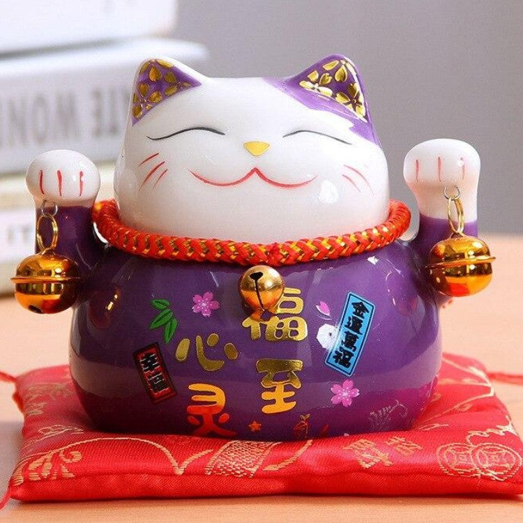 Hucha maneki-neko Violeta imperial con caligrafía dorada espiritual de porcelana pintada a mano Ropa Japonesa