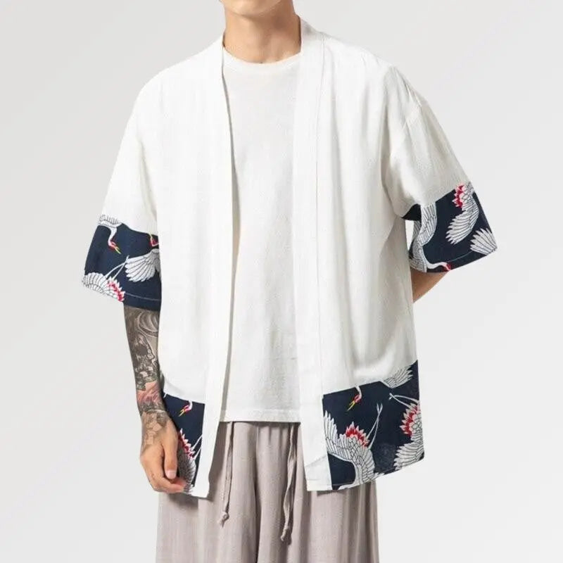 Preciosa chaqueta japonesa para hombre en blanco con estampado de grullas